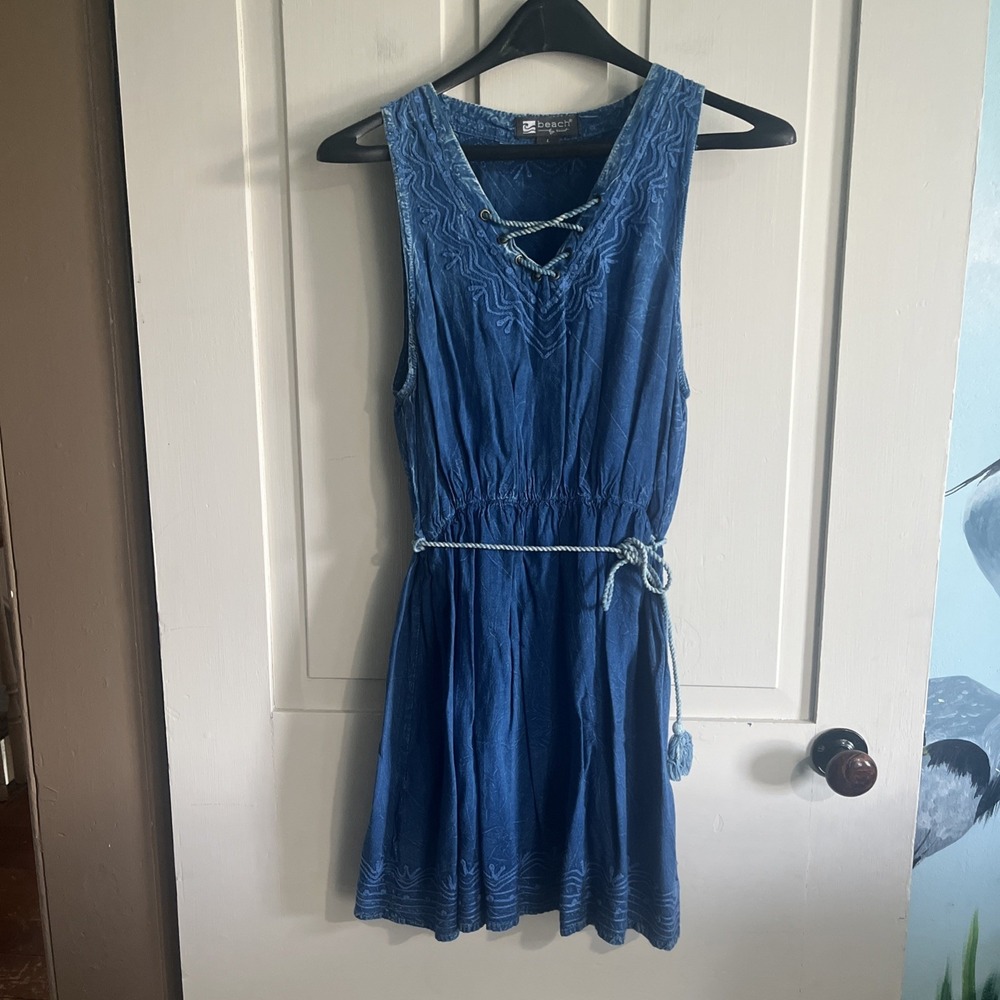 Beach Women's Vintage Y2K Blue Crochet Dress Embroidered boho Hippie size L